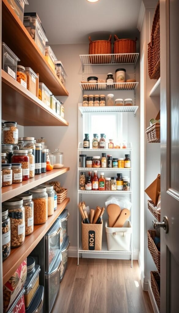 A beautifully organized pantry in a small space, featuring clear bins, woven baskets, and labeled containers. In the foreground, showcase an array of colorful jars filled with grains, snacks, and dried fruits, artfully arranged on a sleek wooden shelf. The middle ground displays a variety of stylish storage solutions, including a wire rack with neatly arranged spice jars and open baskets for easy access to snacks. In the background, soft natural light filters through a small window, illuminating the space and creating a warm, inviting atmosphere. The angle captures the pantry's depth, making it feel spacious despite its size, evoking a sense of tranquility and order.