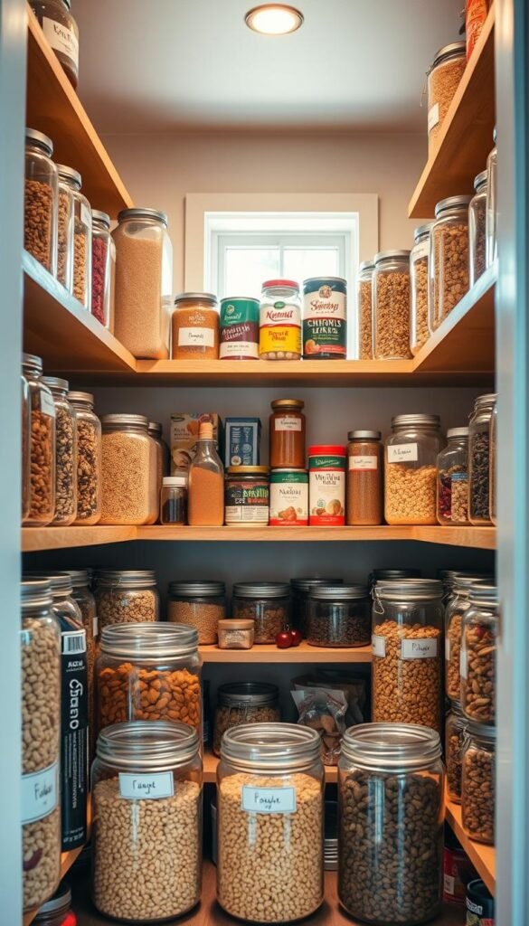 A beautifully organized pantry showcasing a diverse inventory of wholesome foods. In the foreground, neatly labeled glass jars filled with colorful grains, nuts, and dried fruits are displayed, arranged on wooden shelves. In the middle, a variety of canned goods, spices in small containers, and a few cookbooks are artfully placed. The background features soft, natural lighting filtering through a small window, enhancing the inviting atmosphere. The scene conveys a sense of calm and inspiration for home organization. The camera angle is slightly tilted downwards, focusing on the vibrant colors and textures of the pantry contents, evoking a feeling of simplicity and resourcefulness in maintaining a well-stocked pantry. A beautifully organized pantry showcasing a diverse inventory of wholesome foods. In the foreground, neatly labeled glass jars filled with colorful grains, nuts, and dried fruits are displayed, arranged on wooden shelves. In the middle, a variety of canned goods, spices in small containers, and a few cookbooks are artfully placed. The background features soft, natural lighting filtering through a small window, enhancing the inviting atmosphere. The scene conveys a sense of calm and inspiration for home organization. The camera angle is slightly tilted downwards, focusing on the vibrant colors and textures of the pantry contents, evoking a feeling of simplicity and resourcefulness in maintaining a well-stocked pantry.