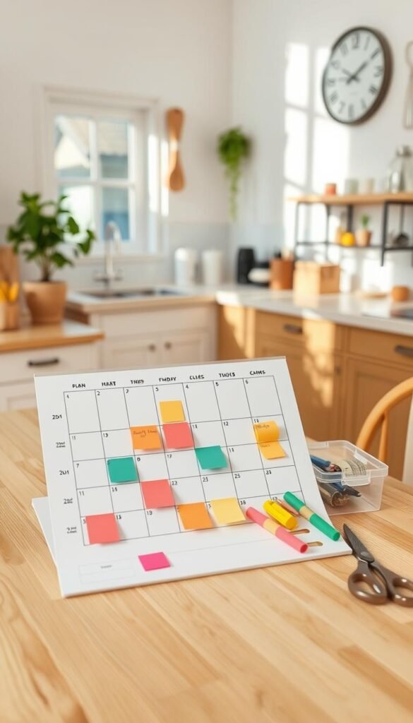 A beautifully organized plan calendar displayed on a light wooden kitchen table, designed for decluttering tasks. In the foreground, the calendar features colorful sticky notes and markers indicating different tasks, paired with a neatly arranged set of simple supplies, such as a clear storage box, a pair of scissors, and a measuring tape. The middle ground showcases a cozy kitchen with soft light streaming through a window, illuminating a potted herb plant and clean countertops. In the background, a wall adorned with simple kitchen utensils and a decorative clock enhances the inviting atmosphere. The overall mood is calm and inspiring, encouraging motivation for a productive decluttering session. The image captures a bright, airy feel with natural lighting to evoke a sense of organization and clarity. A beautifully organized plan calendar displayed on a light wooden kitchen table, designed for decluttering tasks. In the foreground, the calendar features colorful sticky notes and markers indicating different tasks, paired with a neatly arranged set of simple supplies, such as a clear storage box, a pair of scissors, and a measuring tape. The middle ground showcases a cozy kitchen with soft light streaming through a window, illuminating a potted herb plant and clean countertops. In the background, a wall adorned with simple kitchen utensils and a decorative clock enhances the inviting atmosphere. The overall mood is calm and inspiring, encouraging motivation for a productive decluttering session. The image captures a bright, airy feel with natural lighting to evoke a sense of organization and clarity.