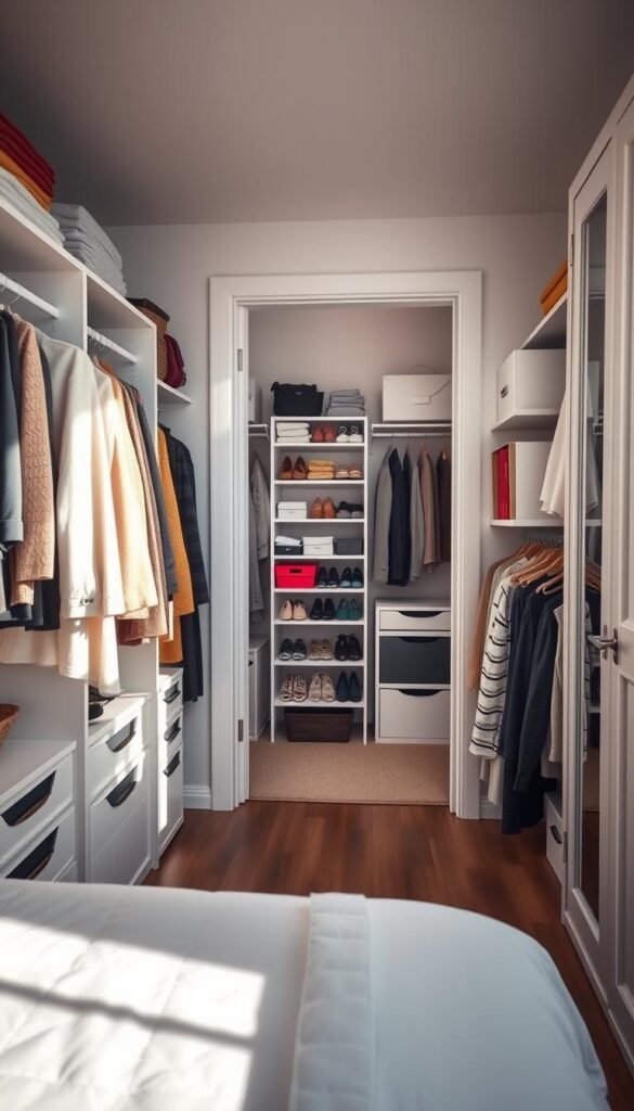 A beautifully organized room-by-room closet showcasing different styles and uses. In the foreground, an elegantly arranged bedroom closet with neatly folded sweaters, hanging coats, and labeled bins. In the middle, a spacious hallway closet displaying seasonal items like shoes and bags, with colorful storage solutions. In the background, a chic home office closet featuring office supplies and files, all impeccably arranged. Soft, natural lighting floods the scene from a nearby window, casting gentle shadows that enhance the organized aesthetic. The angle captures the depth of each closet, emphasizing functionality. The mood is calm and inspiring, encouraging viewers to envision their own organized spaces.