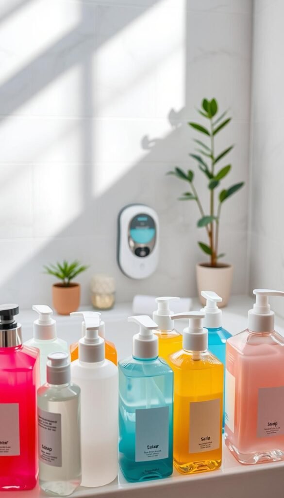 A beautifully organized shower space featuring an array of colorful shower bottles and dispensers. The foreground showcases a neatly arranged selection of clear and frosted bottles filled with vibrant shampoos, conditioners, and body washes, each with modern pumps and labels that harmonize with the aesthetic. In the middle, a sleek, wall-mounted dispenser holds liquid soap, perfectly positioned within arm's reach. The background reveals a sparkling clean tub with elegant tiles and a few decorative elements like a potted plant, creating a serene atmosphere. Soft natural light filters in, casting gentle shadows and highlighting the organized beauty of the scene. The overall mood is refreshing, inviting, and exemplifies an efficient bathroom layout, ideal for promoting tidiness and safety. A beautifully organized shower space featuring an array of colorful shower bottles and dispensers. The foreground showcases a neatly arranged selection of clear and frosted bottles filled with vibrant shampoos, conditioners, and body washes, each with modern pumps and labels that harmonize with the aesthetic. In the middle, a sleek, wall-mounted dispenser holds liquid soap, perfectly positioned within arm's reach. The background reveals a sparkling clean tub with elegant tiles and a few decorative elements like a potted plant, creating a serene atmosphere. Soft natural light filters in, casting gentle shadows and highlighting the organized beauty of the scene. The overall mood is refreshing, inviting, and exemplifies an efficient bathroom layout, ideal for promoting tidiness and safety.