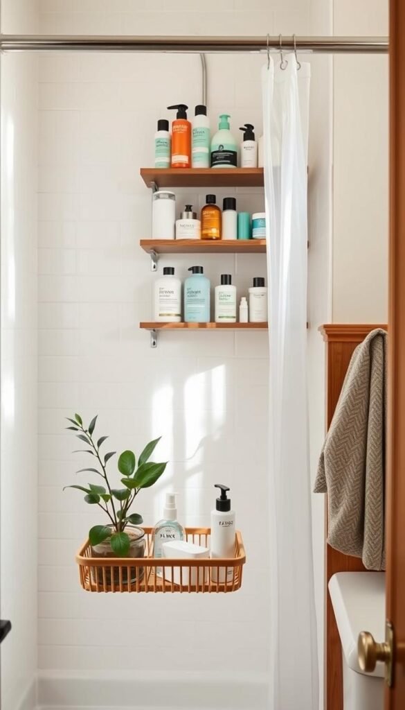 A beautifully organized shower storage setup in a small bathroom, showcasing a wall-mounted shelf filled with neatly arranged bath supplies like bottles of shampoo, conditioner, and skincare products. In the foreground, a stylish bamboo caddy holds additional toiletries and a plant adds a touch of greenery. The middle ground features a clear shower curtain with soft light filtering through, enhancing the serene atmosphere. The background includes pale tile walls and wooden accents, creating a warm and inviting ambiance. The entire scene is illuminated by soft, natural light, giving the space a clean, fresh appeal. Capture this from a slightly elevated angle to emphasize the efficient use of space and creative storage solutions.