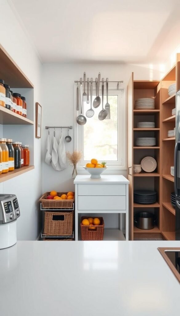 A beautifully organized small kitchen space, showcasing efficient storage solutions. In the foreground, neatly arranged shelves display vibrant spices in labeled jars, and hanging utensils in a stylish wall rack. The middle features a compact, modern kitchen island with baskets holding fresh fruits, emphasizing accessibility and tidiness. In the background, cabinets open to reveal organized plates and pots, utilizing vertical space effectively. Soft, natural lighting pours through a nearby window, casting gentle shadows that create a warm, inviting atmosphere. A wide-angle lens captures the entire scene, highlighting the clever use of space, while maintaining a clean and minimalistic aesthetic. The overall mood is cheerful and inspiring, perfect for anyone looking to optimize their kitchen organization.
