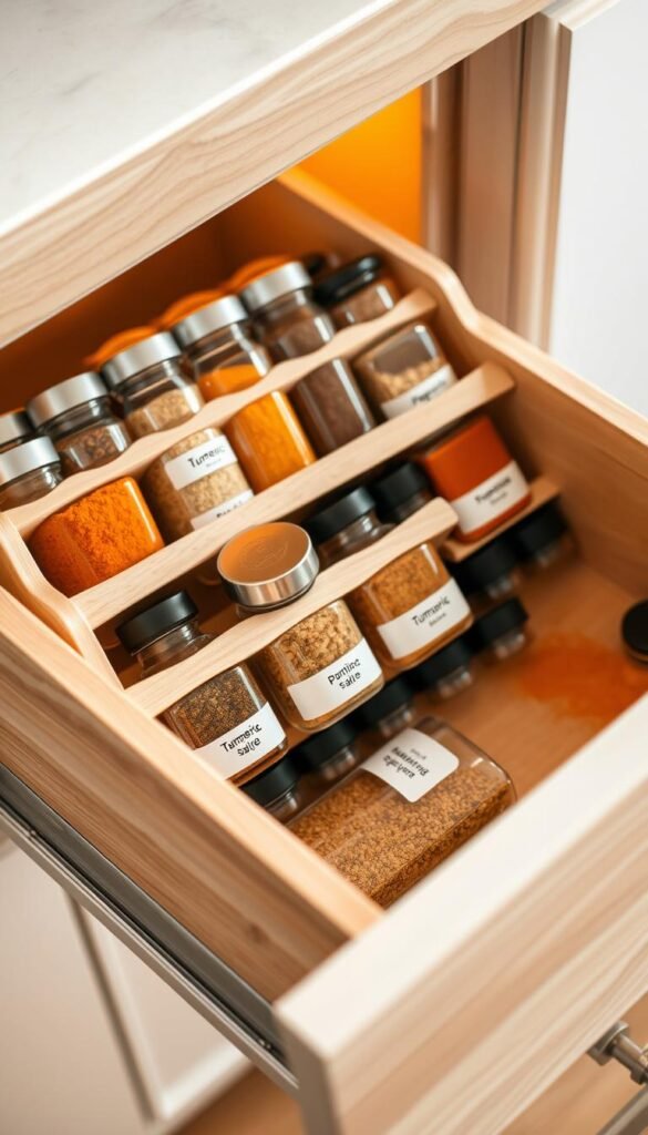 A beautifully organized spice drawer featuring a modern rack organizer that showcases a variety of colorful spice jars. In the foreground, the rack is crafted from light wood with smooth edges, holding neatly labeled glass jars filled with vibrant spices like turmeric, paprika, and cumin. The middle section displays the rack's multi-tier design, allowing for easy visibility and access to all spices. In the background, the soft, warm lighting illuminates the wood grain of the drawer, creating an inviting and cozy atmosphere. The angle is slightly above the drawer, giving a clear view of its contents, evoking a sense of practicality and aesthetic charm. Overall, the image conveys an organized yet stylish kitchen space, perfect for culinary enthusiasts. A beautifully organized spice drawer featuring a modern rack organizer that showcases a variety of colorful spice jars. In the foreground, the rack is crafted from light wood with smooth edges, holding neatly labeled glass jars filled with vibrant spices like turmeric, paprika, and cumin. The middle section displays the rack's multi-tier design, allowing for easy visibility and access to all spices. In the background, the soft, warm lighting illuminates the wood grain of the drawer, creating an inviting and cozy atmosphere. The angle is slightly above the drawer, giving a clear view of its contents, evoking a sense of practicality and aesthetic charm. Overall, the image conveys an organized yet stylish kitchen space, perfect for culinary enthusiasts.