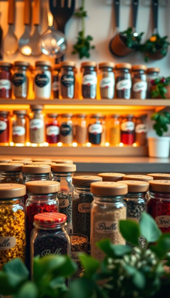 A beautifully organized spice rack filled with an array of colorful spice jars. In the foreground, vibrant spices in clear glass containers featuring wooden lids, labeled with elegant calligraphy. The middle layer showcases a softly illuminated wooden shelf with a warm, inviting finish, displaying the spices in neat rows. The background reveals a cozy kitchen setting, with softly blurred details of kitchen utensils and herbs hanging in pots. The lighting is warm and natural, creating a sense of homeliness and comfort. The angle captures the spice rack from a slightly elevated viewpoint, emphasizing the organized layout and rich color palette of the spices. The mood is cozy and inviting, perfect for a well-loved kitchen space, highlighting the simplicity and functionality of spice drawer systems. A beautifully organized spice rack filled with an array of colorful spice jars. In the foreground, vibrant spices in clear glass containers featuring wooden lids, labeled with elegant calligraphy. The middle layer showcases a softly illuminated wooden shelf with a warm, inviting finish, displaying the spices in neat rows. The background reveals a cozy kitchen setting, with softly blurred details of kitchen utensils and herbs hanging in pots. The lighting is warm and natural, creating a sense of homeliness and comfort. The angle captures the spice rack from a slightly elevated viewpoint, emphasizing the organized layout and rich color palette of the spices. The mood is cozy and inviting, perfect for a well-loved kitchen space, highlighting the simplicity and functionality of spice drawer systems.
