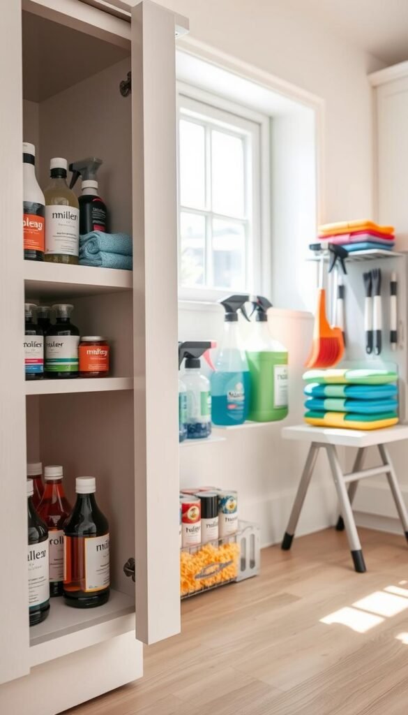 A beautifully organized under-sink cleaning supply zone featuring a variety of storage solutions. In the foreground, a sleek, white wooden cabinet is open, showcasing neatly arranged bottles of cleaning products and colorful microfiber cloths stored in labeled containers. To the right, a stack of dish sponges and brushes are placed on a small pull-out shelf. In the middle, a wall-mounted organizer holds spray bottles and a foldable step stool for easy access. The background reveals a clean kitchen environment with soft natural light streaming in from a nearby window, casting gentle shadows. The atmosphere is fresh and inviting, emphasizing functionality and organization. The angle captures the inviting chaos of the cabinet in a realistic, detailed perspective, suitable for a home improvement setting. A beautifully organized under-sink cleaning supply zone featuring a variety of storage solutions. In the foreground, a sleek, white wooden cabinet is open, showcasing neatly arranged bottles of cleaning products and colorful microfiber cloths stored in labeled containers. To the right, a stack of dish sponges and brushes are placed on a small pull-out shelf. In the middle, a wall-mounted organizer holds spray bottles and a foldable step stool for easy access. The background reveals a clean kitchen environment with soft natural light streaming in from a nearby window, casting gentle shadows. The atmosphere is fresh and inviting, emphasizing functionality and organization. The angle captures the inviting chaos of the cabinet in a realistic, detailed perspective, suitable for a home improvement setting.