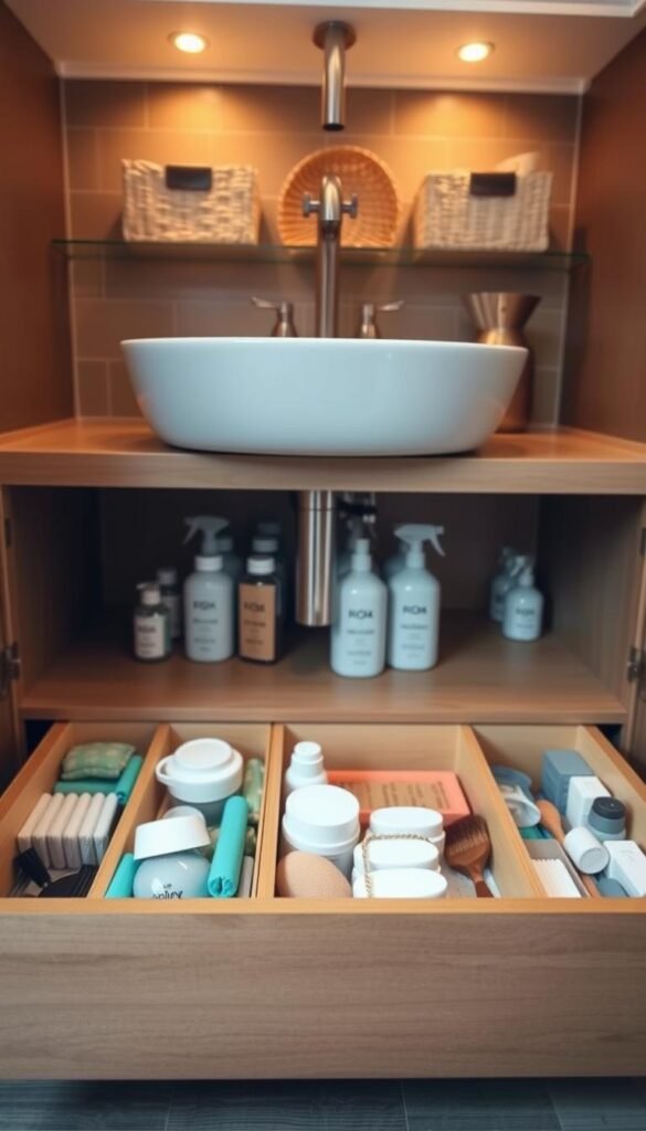 A beautifully organized under-sink storage area featuring elegant wooden drawers in a stylish finish. In the foreground, showcase the open drawers filled with various cleaning supplies and neatly arranged items such as sponges, brushes, and bottles, all in soft pastel colors. In the middle, include shelves with decorative baskets to add texture, showcasing additional organization solutions. The background should display a clean, modern sink with a sleek faucet, all illuminated by warm ambient lighting, creating a cozy atmosphere. Use a soft focus lens to provide a slight blur around the edges, directing attention to the organized drawers. The overall mood should convey a sense of calm and efficiency, inspiring viewers to embrace functional storage ideas.