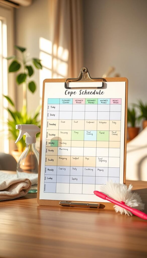 A beautifully organized weekly cleaning schedule displayed on a clipboard, featuring a colorful grid layout with each day of the week clearly defined. In the foreground, the clipboard rests on a clean, wooden table surrounded by minimalistic cleaning supplies like a spray bottle, microfiber cloths, and a duster to emphasize the cleaning theme. The middle section of the image shows a detailed and neatly written schedule, using vibrant colors for each day to enhance visual appeal, with icons for specific tasks like dusting, vacuuming, and mopping. The background softly blurs a serene, sunlit living room with houseplants, giving a fresh and inviting atmosphere. The lighting is warm and natural, suggesting a positive, motivating mood for maintaining a clean and organized home. A beautifully organized weekly cleaning schedule displayed on a clipboard, featuring a colorful grid layout with each day of the week clearly defined. In the foreground, the clipboard rests on a clean, wooden table surrounded by minimalistic cleaning supplies like a spray bottle, microfiber cloths, and a duster to emphasize the cleaning theme. The middle section of the image shows a detailed and neatly written schedule, using vibrant colors for each day to enhance visual appeal, with icons for specific tasks like dusting, vacuuming, and mopping. The background softly blurs a serene, sunlit living room with houseplants, giving a fresh and inviting atmosphere. The lighting is warm and natural, suggesting a positive, motivating mood for maintaining a clean and organized home.