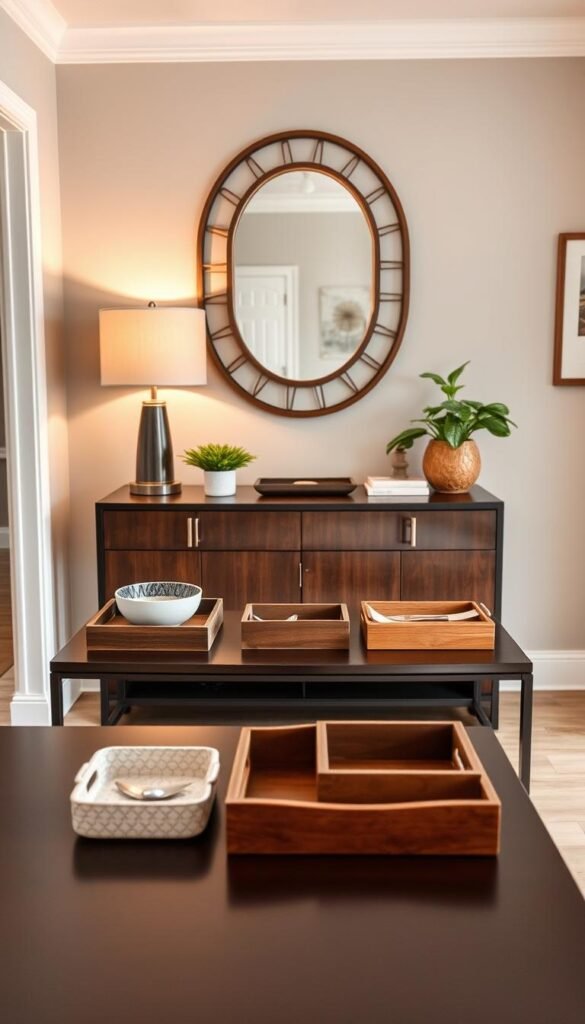 A beautifully styled console table in a modern entryway, topped with an assortment of organized catchall trays. The foreground includes a sleek, dark wood console table with a glossy finish, adorned with a decorative plant, a stylish lamp, and three distinct catchall trays in various materials—ceramic, metal, and wood—neatly arranged. In the middle, a cozy rug adds texture, while an elegant mirror hangs above, reflecting warm, ambient lighting that enhances the inviting atmosphere. The background features a soft, muted wall color and subtle artwork, maintaining a clean and serene environment. Capture this scene with a soft-focus lens to emphasize warmth and organization, evoking a feeling of welcoming home. A beautifully styled console table in a modern entryway, topped with an assortment of organized catchall trays. The foreground includes a sleek, dark wood console table with a glossy finish, adorned with a decorative plant, a stylish lamp, and three distinct catchall trays in various materials—ceramic, metal, and wood—neatly arranged. In the middle, a cozy rug adds texture, while an elegant mirror hangs above, reflecting warm, ambient lighting that enhances the inviting atmosphere. The background features a soft, muted wall color and subtle artwork, maintaining a clean and serene environment. Capture this scene with a soft-focus lens to emphasize warmth and organization, evoking a feeling of welcoming home.