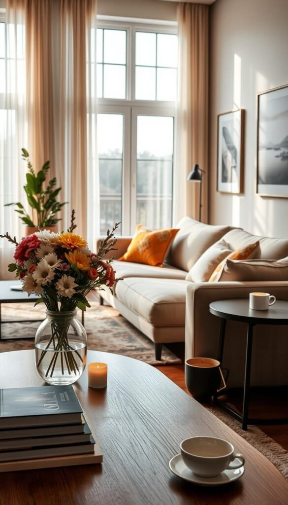 A beautifully styled living room, emphasizing a cozy and inviting atmosphere, with a modern yet warm design. In the foreground, a stylish coffee table adorned with a vase of fresh flowers, a stack of art books, and a fragrant candle. The middle layer features a plush sofa with colorful throw pillows, a soft area rug, and a sleek side table with a cup of tea. In the background, large windows draped with sheer curtains allow natural light to flood the space, illuminating neutral walls decorated with serene artwork. The overall mood is one of tranquility and comfort, perfect for a living space refresh. Captured with soft, warm lighting to enhance the inviting feel, using a slightly elevated angle for a comprehensive view of the room. A beautifully styled living room, emphasizing a cozy and inviting atmosphere, with a modern yet warm design. In the foreground, a stylish coffee table adorned with a vase of fresh flowers, a stack of art books, and a fragrant candle. The middle layer features a plush sofa with colorful throw pillows, a soft area rug, and a sleek side table with a cup of tea. In the background, large windows draped with sheer curtains allow natural light to flood the space, illuminating neutral walls decorated with serene artwork. The overall mood is one of tranquility and comfort, perfect for a living space refresh. Captured with soft, warm lighting to enhance the inviting feel, using a slightly elevated angle for a comprehensive view of the room.