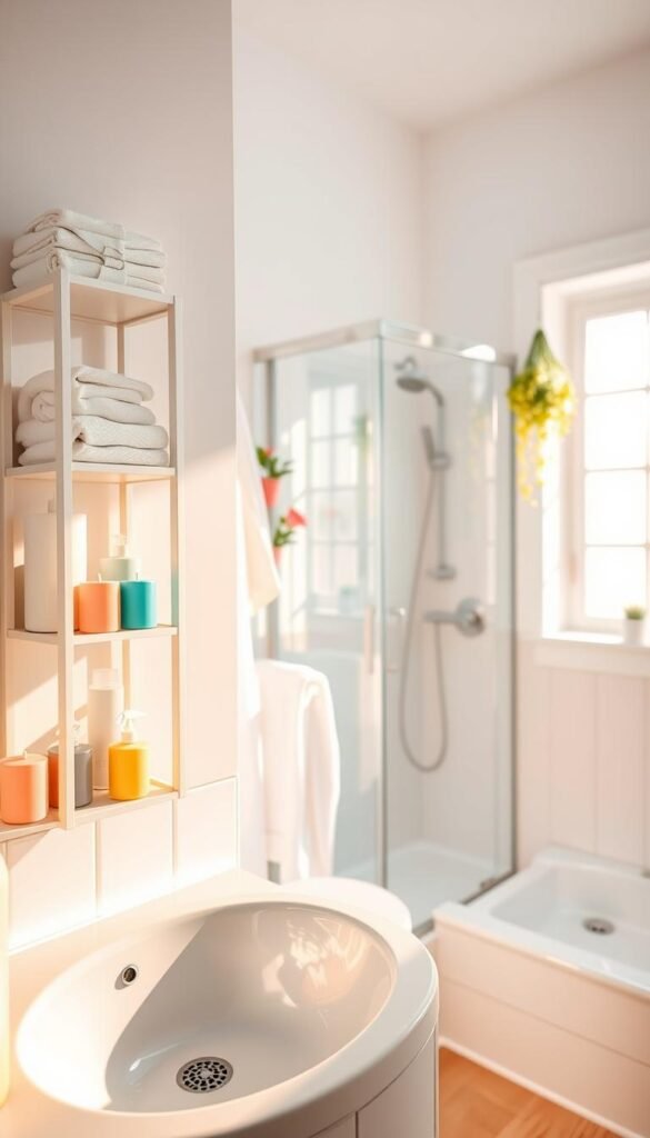 A bright, airy bathroom scene with a focus on cleanliness and organization, featuring a small shelving unit stocked with neatly arranged cleaning supplies, fresh towels, and colorful candles. The foreground showcases a sparkling sink with a few strategically placed toiletries, all in shades of white and pastel colors. In the middle ground, a well-organized shower area with a clear glass door and gently hanging plants adds a touch of nature. The background includes a softly lit window, allowing natural light to flood the room, enhancing the overall freshness of the space. Capture the mood of a serene and inviting environment, with warm, soft lighting that promotes a sense of comfort and tranquility. A bright, airy bathroom scene with a focus on cleanliness and organization, featuring a small shelving unit stocked with neatly arranged cleaning supplies, fresh towels, and colorful candles. The foreground showcases a sparkling sink with a few strategically placed toiletries, all in shades of white and pastel colors. In the middle ground, a well-organized shower area with a clear glass door and gently hanging plants adds a touch of nature. The background includes a softly lit window, allowing natural light to flood the room, enhancing the overall freshness of the space. Capture the mood of a serene and inviting environment, with warm, soft lighting that promotes a sense of comfort and tranquility.