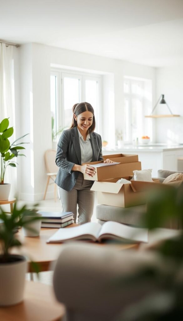 A bright, airy home interior showcasing a harmonious daily routine scene. In the foreground, a tidy living room with a neatly organized coffee table, a potted plant, and an open planner. In the middle, a person dressed in professional casual attire is engaging in decluttering activities, such as sorting items into boxes. They are focused and content, with a warm smile, embodying a sense of purpose. In the background, light streams through large windows, illuminating a clean kitchen with minimalistic decor and a polished countertop. The atmosphere is serene and productive, suggesting a sense of accomplishment and tranquility. The overall composition uses soft, natural lighting, capturing intimacy and warmth, with a slight depth of field to emphasize the central action.
