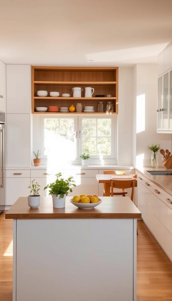 A bright, airy kitchen featuring a minimalist design, with white cabinetry and natural wood accents in the foreground. A neatly organized island stands at the center, adorned with a few potted herbs and a bowl of fresh fruits. In the middle ground, an open shelf displays colorful dishware and glass jars filled with pantry staples. Sunlight streams in through a large window, casting warm, inviting light across the space, highlighting the clean and uncluttered surfaces. In the background, a simple yet elegant dining area complements the kitchen, with a wooden table set for a light meal. The overall atmosphere conveys a sense of calm and order, perfect for everyday living, inspiring a lifestyle where simplicity reigns. A bright, airy kitchen featuring a minimalist design, with white cabinetry and natural wood accents in the foreground. A neatly organized island stands at the center, adorned with a few potted herbs and a bowl of fresh fruits. In the middle ground, an open shelf displays colorful dishware and glass jars filled with pantry staples. Sunlight streams in through a large window, casting warm, inviting light across the space, highlighting the clean and uncluttered surfaces. In the background, a simple yet elegant dining area complements the kitchen, with a wooden table set for a light meal. The overall atmosphere conveys a sense of calm and order, perfect for everyday living, inspiring a lifestyle where simplicity reigns.