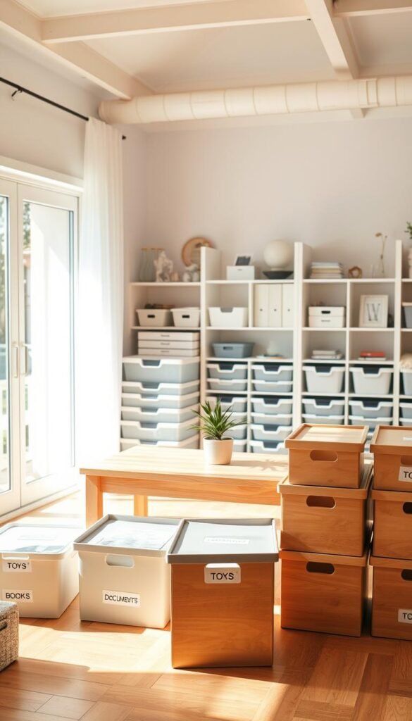 A bright, airy room filled with various organizing bins and containers, showcasing a decluttered space. In the foreground, there are neatly stacked boxes labeled by category, such as "Toys," "Books," and "Documents." In the middle, a light wooden table is clear, displaying only a small potted plant, illustrating simplicity. Bright, natural light streams through a large window on the left, casting soft shadows and creating a calm atmosphere. The background features organized shelves with minimal decor, enhancing the sense of cleanliness and order. The overall mood is peaceful and productive, enticing viewers to embrace organization. Use a wide-angle lens to capture the spaciousness, maintaining warm tones throughout the image for an inviting feel.
