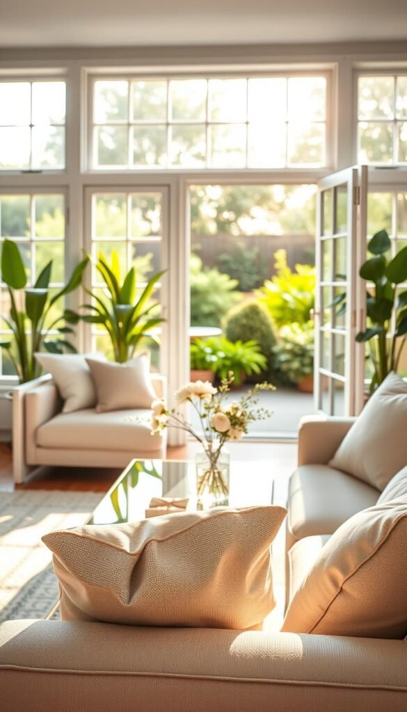 A bright, airy summer space home, designed for decluttering and relaxation. In the foreground, a cozy, minimalist living room features an inviting sofa adorned with light, breathable fabrics and a few neatly placed decorative pillows. A stylish coffee table is clear of clutter, adorned only with a fresh vase of flowers. In the middle, large windows flood the room with natural sunlight, illuminating a tidy space with plants adding a refreshing touch. The background showcases a lush garden visible through the open door, blurring the lines between indoor and outdoor living. Soft, warm lighting enhances a serene atmosphere, with a lens perspective focusing on the inviting ambiance, evoking a sense of calm and organization fitting for pre-summer rejuvenation. The overall mood is peaceful and inspiring, perfect for encouraging decluttering habits.