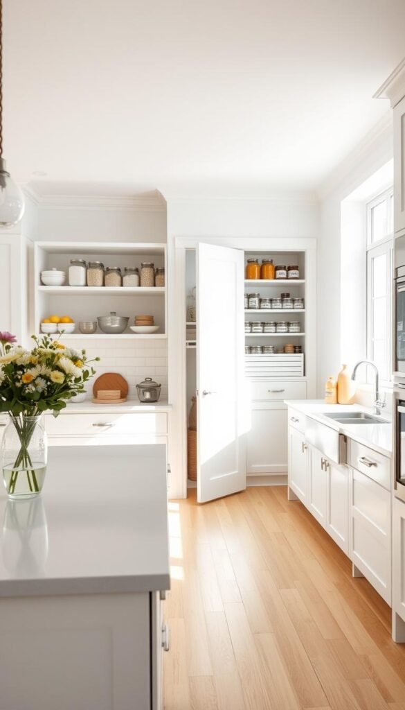 A bright and airy kitchen, featuring a spacious layout with clean lines and a modern design. In the foreground, a well-organized island with neatly arranged kitchen tools and a vase of fresh flowers adds warmth. The middle ground showcases tidy cabinetry, open shelves with labeled jars of dry goods, and an inviting pantry door slightly ajar, revealing an orderly collection of items inside. The background highlights a large window with natural sunlight streaming in, illuminating the white walls and light wood accents, creating a serene and calming atmosphere. The scene captures a sense of decluttering and minimalism, promoting an inviting and functional cooking space, photographed from a slightly elevated angle to emphasize depth and organization. A bright and airy kitchen, featuring a spacious layout with clean lines and a modern design. In the foreground, a well-organized island with neatly arranged kitchen tools and a vase of fresh flowers adds warmth. The middle ground showcases tidy cabinetry, open shelves with labeled jars of dry goods, and an inviting pantry door slightly ajar, revealing an orderly collection of items inside. The background highlights a large window with natural sunlight streaming in, illuminating the white walls and light wood accents, creating a serene and calming atmosphere. The scene captures a sense of decluttering and minimalism, promoting an inviting and functional cooking space, photographed from a slightly elevated angle to emphasize depth and organization.