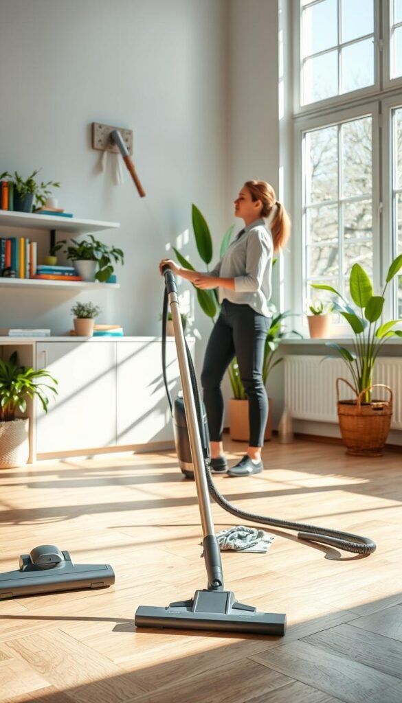 A bright and airy living room being deeply cleaned for spring, with sunlight streaming through large windows, casting gentle shadows on light hardwood floors. In the foreground, a pair of polished modern cleaning tools, like a vacuum cleaner and microfiber cloths, are neatly arranged. The middle ground features a person in professional casual attire, actively dusting a shelf adorned with fresh plants and colorful books, their focused expression conveying dedication to the task. The background showcases a tidy space with vibrant green indoor plants and sparkling clean windows, creating a refreshing and rejuvenating atmosphere. The overall mood should be uplifting and invigorating, emphasizing a thorough and meticulous cleaning process, with a soft, warm color palette enhancing the sense of a spring refresh. A bright and airy living room being deeply cleaned for spring, with sunlight streaming through large windows, casting gentle shadows on light hardwood floors. In the foreground, a pair of polished modern cleaning tools, like a vacuum cleaner and microfiber cloths, are neatly arranged. The middle ground features a person in professional casual attire, actively dusting a shelf adorned with fresh plants and colorful books, their focused expression conveying dedication to the task. The background showcases a tidy space with vibrant green indoor plants and sparkling clean windows, creating a refreshing and rejuvenating atmosphere. The overall mood should be uplifting and invigorating, emphasizing a thorough and meticulous cleaning process, with a soft, warm color palette enhancing the sense of a spring refresh.