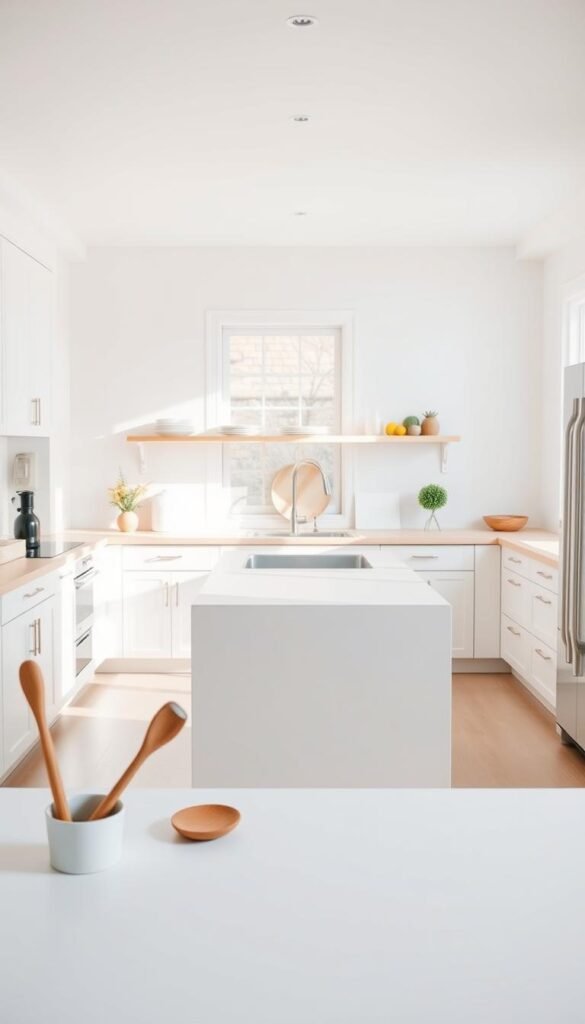 A bright and airy minimalist kitchen, featuring sleek, white cabinetry and a large central island with a light wood countertop. In the foreground, a few strategically placed kitchen tools, such as a wooden spoon and a plant in a small pot. The middle ground shows open shelving with a curated selection of dishware and a couple of fresh ingredients, emphasizing simplicity. The background reveals a window letting in natural light, casting soft shadows and creating an inviting atmosphere. Highlight a clean and uncluttered space with soft colors, promoting a sense of calm and order. The scene captures a serene, organized flow, perfect for inspiring a minimalist lifestyle. Use a soft focus lens effect to enhance the tranquil mood.