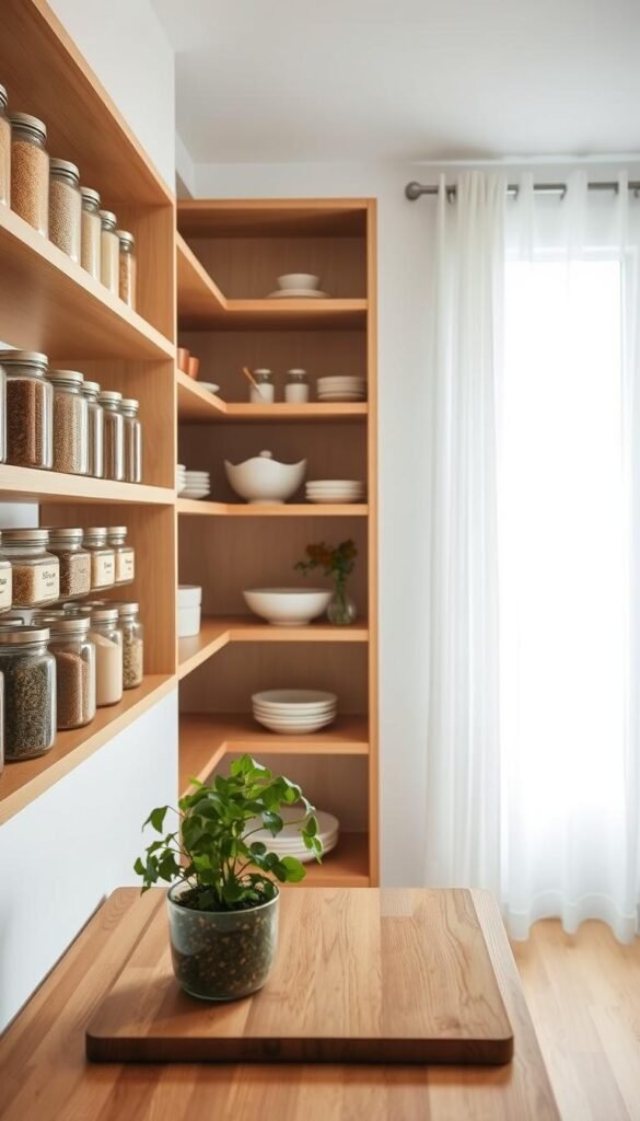 A bright and airy minimalist pantry featuring sleek, open shelving filled with neatly organized jars of grains, spices, and dried herbs. The foreground displays a wooden countertop with a small potted herb plant and a wooden cutting board, emphasizing a natural aesthetic. In the middle, the shelves line the walls, showcasing a few decorative bowls and kitchen utensils, all in soft white and earth tones, creating a calming atmosphere. The background reveals a window with sheer white curtains letting in gentle, diffused morning light that highlights the warm wood tones of the pantry. The overall mood is serene and inviting, encouraging simplicity and function, perfect for a minimalist kitchen setup. A bright and airy minimalist pantry featuring sleek, open shelving filled with neatly organized jars of grains, spices, and dried herbs. The foreground displays a wooden countertop with a small potted herb plant and a wooden cutting board, emphasizing a natural aesthetic. In the middle, the shelves line the walls, showcasing a few decorative bowls and kitchen utensils, all in soft white and earth tones, creating a calming atmosphere. The background reveals a window with sheer white curtains letting in gentle, diffused morning light that highlights the warm wood tones of the pantry. The overall mood is serene and inviting, encouraging simplicity and function, perfect for a minimalist kitchen setup.