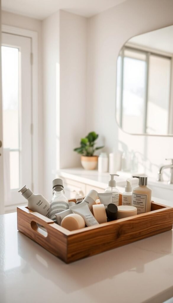 A bright and inviting bathroom scene, emphasizing a clean and organized space. In the foreground, a beautiful wooden tray holds items people can feel free to discard—old, expired skincare products, half-used soaps, and empty shampoo bottles. The middle ground features a neatly arranged countertop with a few essential, stylish toiletries, creating an impression of minimalism. In the background, soft natural light filters through a frosted window, creating a warm and welcoming atmosphere. The color palette includes soothing pastels and crisp whites, reflecting a sense of tranquility and relief. A subtle bathroom plant adds a fresh touch. The overall mood is one of liberation and simplicity, encouraging viewers to understand the joy of decluttering without guilt.