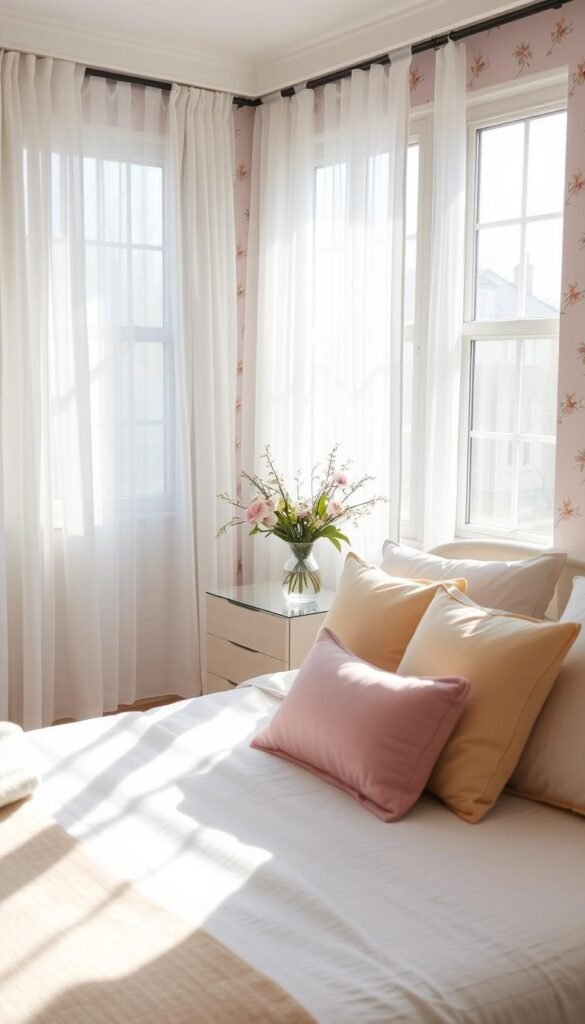 A bright and inviting bedroom featuring large windows dressed with sheer white curtains. The foreground showcases a neatly made bed with pastel-colored pillows and a cozy throw blanket. In the middle, a stylish nightstand holds a vase of fresh spring flowers, adding a touch of color. The background displays sun-drenched walls adorned with subtle flower-patterned wallpaper, enhancing the springtime atmosphere. Soft, natural light pours through the windows, casting delicate shadows on the floor and creating a serene, rejuvenating mood. The angle captures a corner view, allowing the viewer to appreciate the room’s tranquility and cleanliness, perfect for the spring season. A bright and inviting bedroom featuring large windows dressed with sheer white curtains. The foreground showcases a neatly made bed with pastel-colored pillows and a cozy throw blanket. In the middle, a stylish nightstand holds a vase of fresh spring flowers, adding a touch of color. The background displays sun-drenched walls adorned with subtle flower-patterned wallpaper, enhancing the springtime atmosphere. Soft, natural light pours through the windows, casting delicate shadows on the floor and creating a serene, rejuvenating mood. The angle captures a corner view, allowing the viewer to appreciate the room’s tranquility and cleanliness, perfect for the spring season.