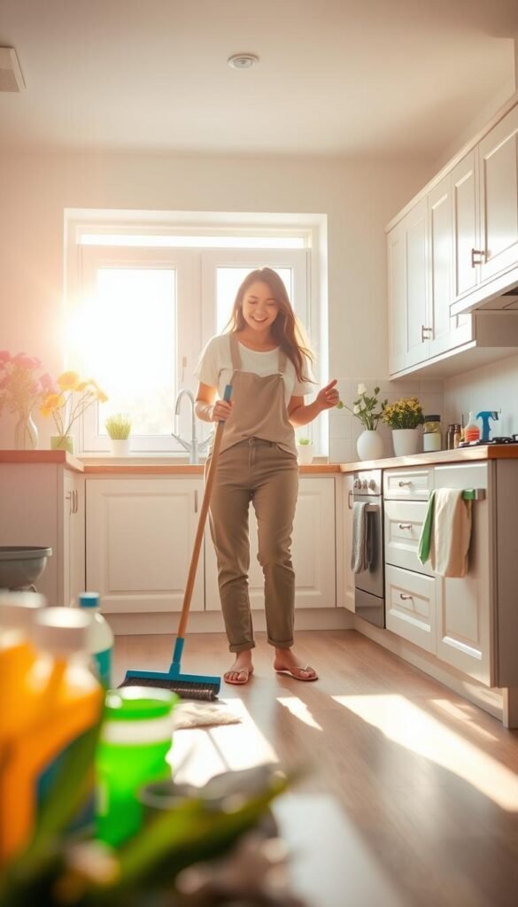 A bright and inviting kitchen at dawn, filled with soft, natural light streaming through a window. In the foreground, a person dressed in modest casual clothing is joyfully sweeping the floor, surrounded by cleaning supplies like a broom, dustpan, and eco-friendly detergents. The middle ground features a tidy countertop with fresh flowers and organized cleaning cloths, while the background showcases a well-maintained living area, giving the scene a sense of harmony and cleanliness. The atmosphere is serene and productive, emphasizing the start of a refreshing cleaning routine. The lens captures the scene in a slightly elevated angle, focusing on the actions and surroundings. A bright and inviting kitchen at dawn, filled with soft, natural light streaming through a window. In the foreground, a person dressed in modest casual clothing is joyfully sweeping the floor, surrounded by cleaning supplies like a broom, dustpan, and eco-friendly detergents. The middle ground features a tidy countertop with fresh flowers and organized cleaning cloths, while the background showcases a well-maintained living area, giving the scene a sense of harmony and cleanliness. The atmosphere is serene and productive, emphasizing the start of a refreshing cleaning routine. The lens captures the scene in a slightly elevated angle, focusing on the actions and surroundings.