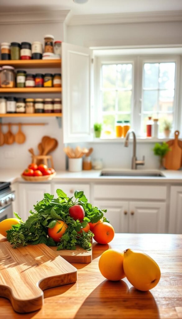 A bright and inviting kitchen scene, featuring a sparkling clean countertop adorned with fresh fruits and herbs. The foreground includes wooden cutting boards and chef’s tools meticulously organized for spring cleaning. In the middle, a well-stocked pantry is visible, showcasing neatly arranged jars and containers, emphasizing organization. On the shelves, colorful spices and labels are clearly displayed, enhancing the sense of freshness. The background reveals a sunny window with light streaming in, illuminating the space and creating a cheerful atmosphere. The scene uses warm, natural lighting to evoke a sense of renewal and cleanliness. A wide-angle view captures the entire room, inviting the viewer into a tidy, seasonal kitchen ready for culinary delights. A bright and inviting kitchen scene, featuring a sparkling clean countertop adorned with fresh fruits and herbs. The foreground includes wooden cutting boards and chef’s tools meticulously organized for spring cleaning. In the middle, a well-stocked pantry is visible, showcasing neatly arranged jars and containers, emphasizing organization. On the shelves, colorful spices and labels are clearly displayed, enhancing the sense of freshness. The background reveals a sunny window with light streaming in, illuminating the space and creating a cheerful atmosphere. The scene uses warm, natural lighting to evoke a sense of renewal and cleanliness. A wide-angle view captures the entire room, inviting the viewer into a tidy, seasonal kitchen ready for culinary delights.