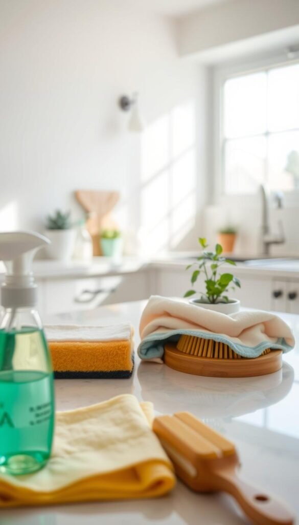 A bright and inviting kitchen workspace filled with an array of essential cleaning tools. In the foreground, neatly arranged are a sponge, biodegradable surface cleaner, microfiber cloths in pastel colors, and a wooden scrub brush, conveying a sense of simplicity and effectiveness. The middle features an open countertop with gleaming, freshly cleaned surfaces and a small potted herb for a touch of greenery. In the background, soft sunlight filters through a window, casting gentle shadows and creating a warm, welcoming atmosphere. The scene is captured with a shallow depth of field, focusing on the cleaning tools while softening the background. This image should evoke feelings of calmness and cleanliness, perfect for a daily kitchen cleaning routine.