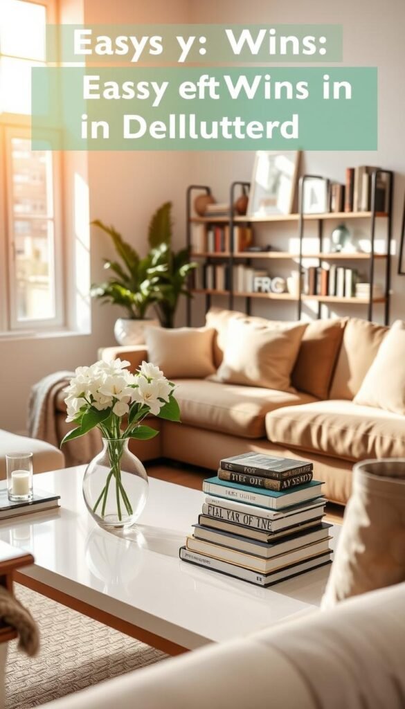 A bright and inviting living room scene showcasing a successful decluttering transformation. In the foreground, a cozy, neatly arranged sofa adorned with soft pillows and a throw blanket, inviting relaxation. The middle ground features an organized coffee table with a few well-placed decorative items—an elegant vase with fresh flowers, a stack of stylish books, and a fragrant candle. In the background, a wall-mounted bookshelf with neatly arranged books and a couple of framed artworks. The lighting is warm and natural, coming from a large window on one side, creating a cheerful and soothing atmosphere. The angle is slightly angled to emphasize depth, showcasing the space’s openness and inviting atmosphere, perfect for illustrating easy wins in decluttering.
