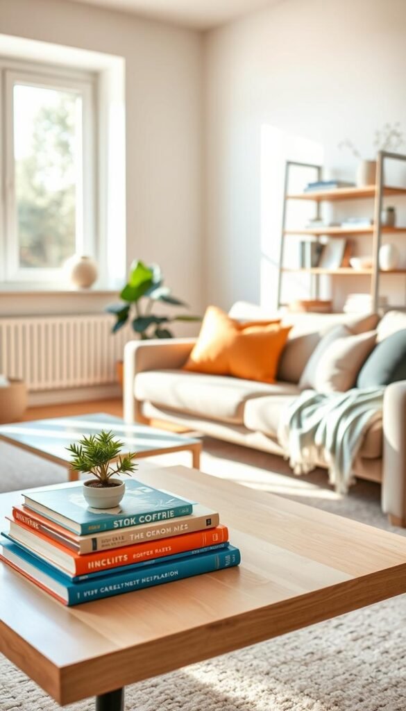 A bright and inviting living room scene that showcases effective decluttering techniques. In the foreground, a neatly arranged coffee table displays a small indoor plant and a stack of vibrant, colorful books. The middle of the room features a cozy couch adorned with neatly folded throw pillows and a soft blanket draped casually. To the side, a stylish shelving unit displays minimal decor items, emphasizing a clean, clutter-free environment. The background reveals a large window allowing natural light to flood the room, creating an airy atmosphere. The walls are painted in soft, neutral tones, enhancing the feeling of calm and organization. Use warm lighting to evoke a sense of comfort and tranquility, capturing the essence of a well-organized space ideal for quick decluttering wins.