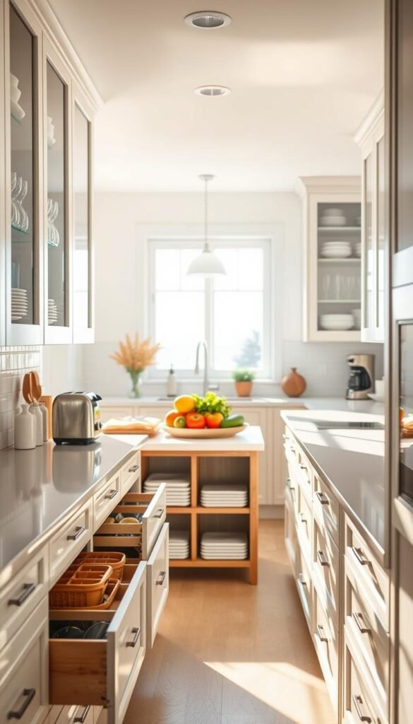 A bright and modern kitchen interior showcasing well-organized cabinets and drawers. In the foreground, open cabinets reveal neatly arranged dishes, glassware, and small appliances, like a toaster and a coffee maker, all reflecting a clean aesthetic. The middle area features a spacious kitchen island, adorned with fresh ingredients ready for meal prep. In the background, a window allows natural light to flood the scene, creating a warm and inviting atmosphere. Soft shadows dance across the polished countertops, enhancing the cozy yet functional vibe. The perspective is slightly above eye level, providing an expansive view of the kitchen space, emphasizing the storage solutions that promote efficiency and decluttering. The overall mood is serene and inspiring, ideal for motivating organization in the home. A bright and modern kitchen interior showcasing well-organized cabinets and drawers. In the foreground, open cabinets reveal neatly arranged dishes, glassware, and small appliances, like a toaster and a coffee maker, all reflecting a clean aesthetic. The middle area features a spacious kitchen island, adorned with fresh ingredients ready for meal prep. In the background, a window allows natural light to flood the scene, creating a warm and inviting atmosphere. Soft shadows dance across the polished countertops, enhancing the cozy yet functional vibe. The perspective is slightly above eye level, providing an expansive view of the kitchen space, emphasizing the storage solutions that promote efficiency and decluttering. The overall mood is serene and inspiring, ideal for motivating organization in the home.