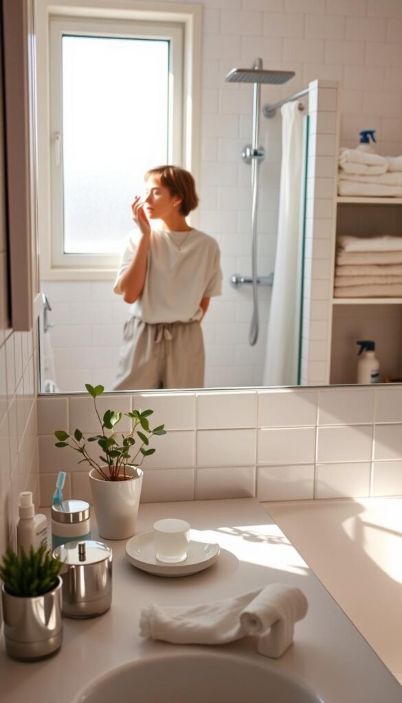 A bright and organized bathroom scene, showcasing a daily, weekly, and monthly bathroom routine. In the foreground, a neatly arranged countertop displays essential items like a toothbrush holder, a soap dish, and a small plant, all in harmonious colors. The middle layer features a person in modest casual clothing, standing by a mirror, practicing their morning routine, with hands gently applying skincare products. In the background, an inviting shower area is visible, with neatly hung towels and a bottle of cleaning supplies on a shelf, hinting at maintenance tasks. Soft, natural light filters through a frosted window, casting warm shadows and giving the scene a tranquil atmosphere. The overall mood is calm and organized, highlighting the importance of a decluttered space.