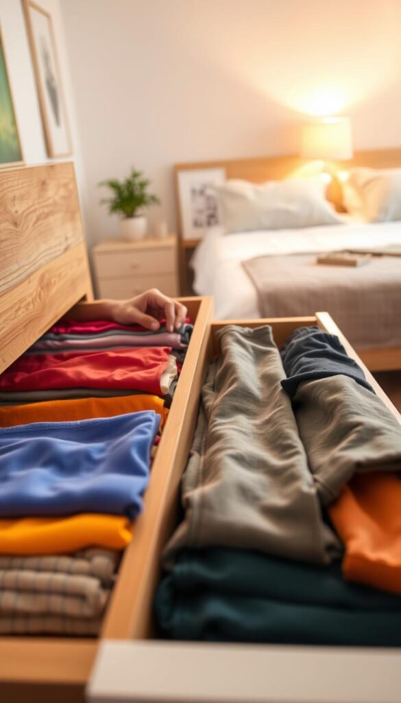 A bright and organized dresser drawer partially open, revealing neatly folded clothes using the file-fold method. In the foreground, vibrant colors of folded shirts and pants contrast with a wooden drawer interior. In the middle, a hand gently adjusts a stack of clothes, showcasing the act of maintenance. The background features a softly lit bedroom with a cozy atmosphere, including a neatly made bed and a few decorative items like a plant and a picture frame. The lighting is warm and inviting, highlighting the texture of the fabrics and the polished wood. The image conveys a sense of tranquility and satisfaction in maintaining an organized space, encouraging viewers to adopt this method. A bright and organized dresser drawer partially open, revealing neatly folded clothes using the file-fold method. In the foreground, vibrant colors of folded shirts and pants contrast with a wooden drawer interior. In the middle, a hand gently adjusts a stack of clothes, showcasing the act of maintenance. The background features a softly lit bedroom with a cozy atmosphere, including a neatly made bed and a few decorative items like a plant and a picture frame. The lighting is warm and inviting, highlighting the texture of the fabrics and the polished wood. The image conveys a sense of tranquility and satisfaction in maintaining an organized space, encouraging viewers to adopt this method.