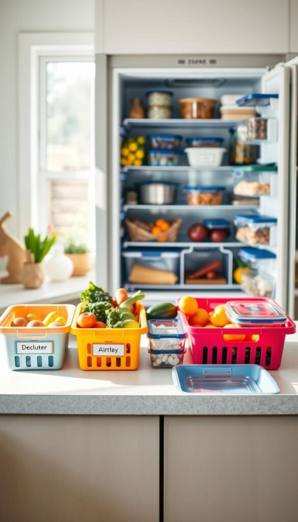 A bright and organized kitchen featuring various declutter bins and storage containers on a clean countertop. In the foreground, colorful, labeled bins for fruits and vegetables, with clear, airtight containers for leftovers. In the middle, a well-arranged refrigerator with shelves holding similar storage solutions, showcasing fresh produce and meal prep items in an orderly manner. The background highlights soft natural light streaming through a window, enhancing the feeling of freshness and cleanliness. Capture a sense of harmony and efficiency, with a warm, inviting atmosphere that suggests ease of access and family-friendly organization. Use a slight overhead angle to give a comprehensive view of the kitchen layout, emphasizing decluttering and resetting the space. A bright and organized kitchen featuring various declutter bins and storage containers on a clean countertop. In the foreground, colorful, labeled bins for fruits and vegetables, with clear, airtight containers for leftovers. In the middle, a well-arranged refrigerator with shelves holding similar storage solutions, showcasing fresh produce and meal prep items in an orderly manner. The background highlights soft natural light streaming through a window, enhancing the feeling of freshness and cleanliness. Capture a sense of harmony and efficiency, with a warm, inviting atmosphere that suggests ease of access and family-friendly organization. Use a slight overhead angle to give a comprehensive view of the kitchen layout, emphasizing decluttering and resetting the space.