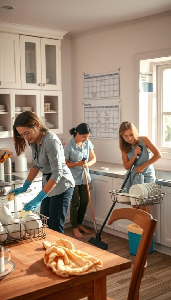 A bright and organized kitchen scene featuring a diverse group of individuals engaged in various cleaning tasks. In the foreground, a person wearing professional attire is wiping down a dining table with a clean cloth, while another is neatly stacking dishes in a drying rack. In the middle, a third person is sweeping the floor, creating a sense of movement. The background displays well-lit cabinets filled with neatly arranged cleaning supplies and a calendar pinned to the wall, outlining daily, weekly, and monthly cleaning routines. The lighting is warm and inviting, suggesting early morning, with sun rays streaming through a window. The overall mood is productive and harmonious, promoting the idea of cleanliness and order in a busy household.