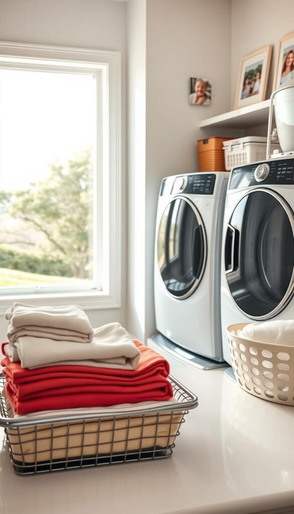 A bright and organized laundry room, designed for efficiency, featuring an elegant washer and dryer pair in a sleek, modern style. In the foreground, neatly folded piles of colorful linens and towels are arranged on a clean countertop, while a laundry basket filled with freshly washed items sits nearby. The middle section includes shelves stocked with stylish storage containers holding laundry supplies, all illuminated by soft, natural light streaming in through a window, which showcases a serene outdoor view. In the background, a gallery wall displays framed photos of family moments, adding a personal touch. The overall atmosphere is calm and inviting, promoting a sense of order and tranquility, ideal for a steady laundry routine. A bright and organized laundry room, designed for efficiency, featuring an elegant washer and dryer pair in a sleek, modern style. In the foreground, neatly folded piles of colorful linens and towels are arranged on a clean countertop, while a laundry basket filled with freshly washed items sits nearby. The middle section includes shelves stocked with stylish storage containers holding laundry supplies, all illuminated by soft, natural light streaming in through a window, which showcases a serene outdoor view. In the background, a gallery wall displays framed photos of family moments, adding a personal touch. The overall atmosphere is calm and inviting, promoting a sense of order and tranquility, ideal for a steady laundry routine.