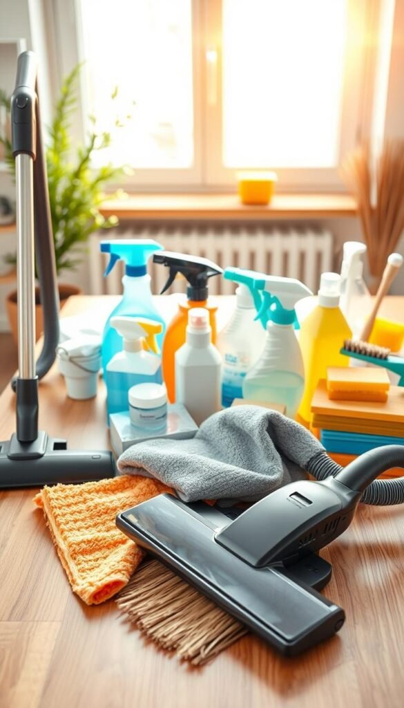 A bright and organized workspace featuring an array of seasonal cleaning tools laid out on a wooden table. In the foreground, there are a sleek vacuum cleaner, sturdy broom, and a plush microfiber cloth, all in vibrant colors that suggest efficiency and cleanliness. The middle ground presents well-arranged cleaning solutions in spray bottles and eco-friendly containers alongside sponges and scrubbing brushes, illustrating a comprehensive cleaning toolkit. In the background, a softly blurred window allows warm winter sunlight to filter in, casting a gentle glow over the scene, enhancing the inviting atmosphere. The overall mood is fresh and motivating, suggesting a productive winter cleaning day. The composition has a slight overhead angle, emphasizing the tools' neat arrangement without any text or distractions. A bright and organized workspace featuring an array of seasonal cleaning tools laid out on a wooden table. In the foreground, there are a sleek vacuum cleaner, sturdy broom, and a plush microfiber cloth, all in vibrant colors that suggest efficiency and cleanliness. The middle ground presents well-arranged cleaning solutions in spray bottles and eco-friendly containers alongside sponges and scrubbing brushes, illustrating a comprehensive cleaning toolkit. In the background, a softly blurred window allows warm winter sunlight to filter in, casting a gentle glow over the scene, enhancing the inviting atmosphere. The overall mood is fresh and motivating, suggesting a productive winter cleaning day. The composition has a slight overhead angle, emphasizing the tools' neat arrangement without any text or distractions.