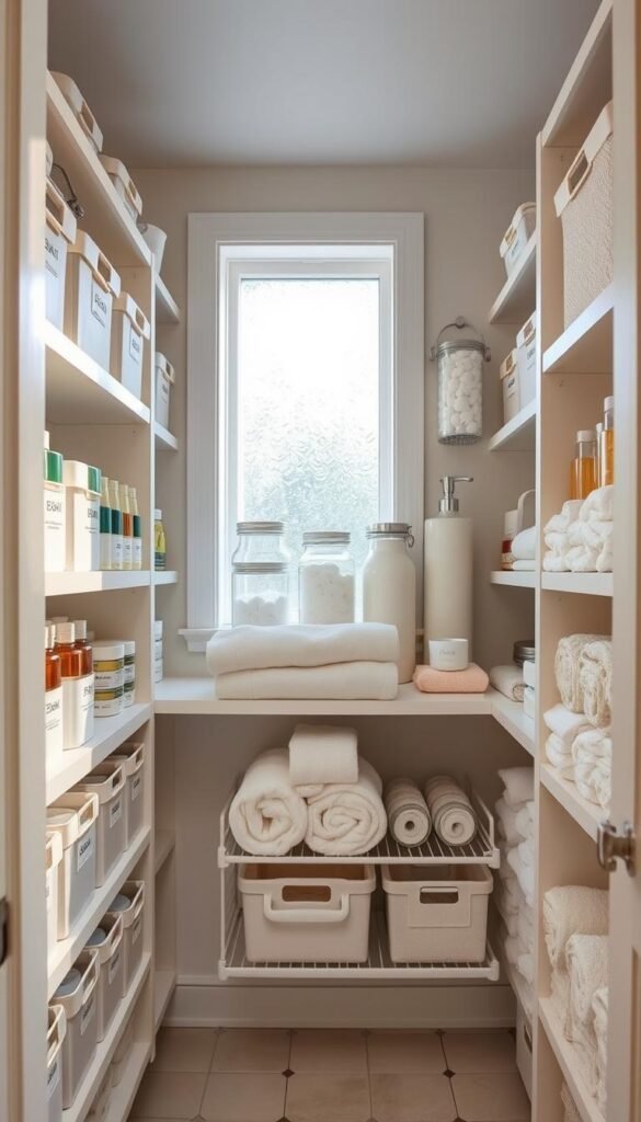 A bright and well-organized bathroom closet featuring neatly arranged pantry-style shelves. In the foreground, multiple shelves are filled with a variety of labeled storage bins, bath products, and rolled towels, creating an inviting and streamlined appearance. The middle section showcases clear jars filled with cotton balls and bath salts, while a stack of neatly folded hand towels adds a pop of color. The background reveals a soft, natural light filtering through a frosted window, illuminating the space. Use a wide-angle lens to capture the full depth of the closet, emphasizing the decluttered and tidy environment. The overall mood is calm and organized, perfect for inspiring a fresh, functional bathroom storage solution. A bright and well-organized bathroom closet featuring neatly arranged pantry-style shelves. In the foreground, multiple shelves are filled with a variety of labeled storage bins, bath products, and rolled towels, creating an inviting and streamlined appearance. The middle section showcases clear jars filled with cotton balls and bath salts, while a stack of neatly folded hand towels adds a pop of color. The background reveals a soft, natural light filtering through a frosted window, illuminating the space. Use a wide-angle lens to capture the full depth of the closet, emphasizing the decluttered and tidy environment. The overall mood is calm and organized, perfect for inspiring a fresh, functional bathroom storage solution.