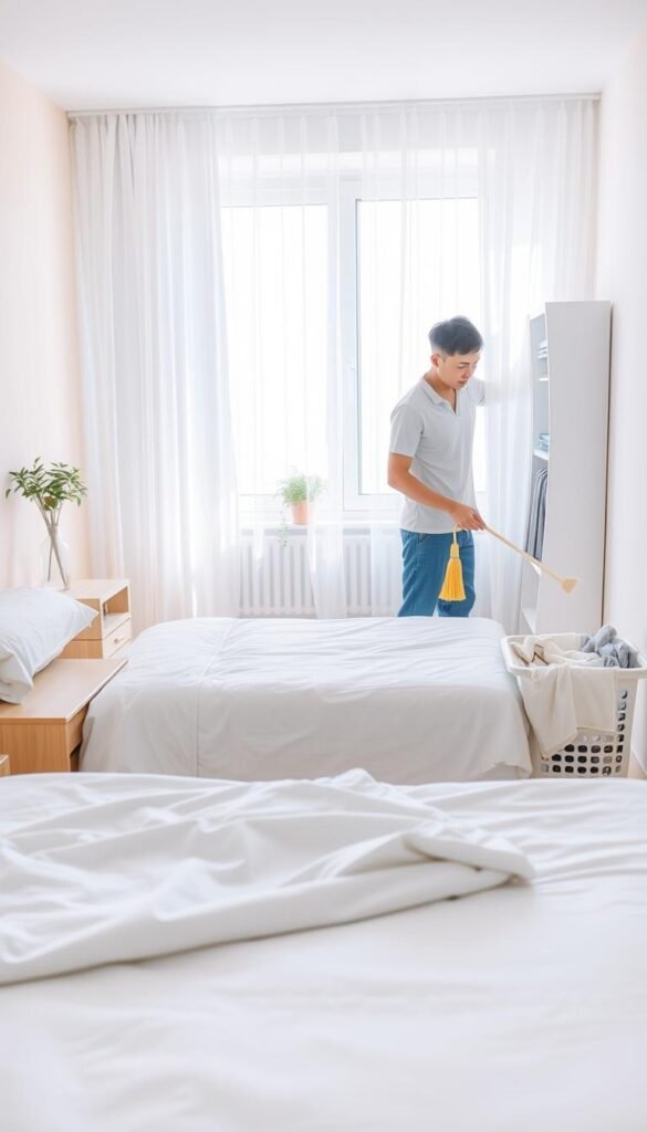 A bright, inviting bedroom scene showcasing a daily cleaning routine. In the foreground, a neatly made bed with fresh linens, a pair of modestly dressed individuals (one male, one female) engaged in tidying, one dusting a bedside table and the other organizing books on a shelf. In the middle ground, a clutter-free space featuring a small plant on a windowsill and a laundry basket filled with neatly folded clothes. The background reveals soft natural light streaming in through sheer curtains, illuminating the wooden floor and pastel wall colors. The atmosphere is calm and organized, reflecting a peaceful, tidy environment. The composition captures a sense of harmony and efficiency in the act of cleaning. A bright, inviting bedroom scene showcasing a daily cleaning routine. In the foreground, a neatly made bed with fresh linens, a pair of modestly dressed individuals (one male, one female) engaged in tidying, one dusting a bedside table and the other organizing books on a shelf. In the middle ground, a clutter-free space featuring a small plant on a windowsill and a laundry basket filled with neatly folded clothes. The background reveals soft natural light streaming in through sheer curtains, illuminating the wooden floor and pastel wall colors. The atmosphere is calm and organized, reflecting a peaceful, tidy environment. The composition captures a sense of harmony and efficiency in the act of cleaning.
