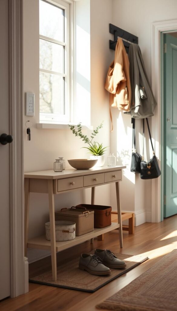 A bright, inviting entryway featuring a stylish console table neatly organized with essential items like keys, a small plant, and a decorative bowl. On one side, a pair of clean, comfortable shoes are neatly placed on a mat. In the background, a wall-mounted coat rack holds a few tastefully hung jackets and bags, all in neutral tones. Sunlight streams through a nearby window, casting soft shadows and creating a warm, welcoming atmosphere. The angle is from a low perspective, giving depth to the setting, while the overall mood is calming and fresh, emphasizing order and tranquility in a clutter-free space.