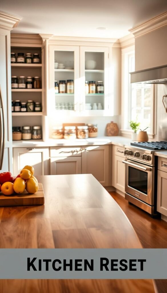 A bright, inviting kitchen featuring a spacious layout. In the foreground, a polished wooden kitchen island with fresh fruits and a chopping board, emphasizing a clean and organized space. The middle ground displays neatly arranged cabinets filled with labeled jars and containers, showcasing an efficient pantry. Soft natural light streams in from a large window, casting gentle shadows and enhancing the warmth of the light-colored cabinetry. In the background, a shiny stove and stainless-steel appliances create a modern touch. The mood is fresh and revitalizing, embodying the spirit of a quick kitchen reset, with a focus on organization and clarity in a serene environment. A bright, inviting kitchen featuring a spacious layout. In the foreground, a polished wooden kitchen island with fresh fruits and a chopping board, emphasizing a clean and organized space. The middle ground displays neatly arranged cabinets filled with labeled jars and containers, showcasing an efficient pantry. Soft natural light streams in from a large window, casting gentle shadows and enhancing the warmth of the light-colored cabinetry. In the background, a shiny stove and stainless-steel appliances create a modern touch. The mood is fresh and revitalizing, embodying the spirit of a quick kitchen reset, with a focus on organization and clarity in a serene environment.