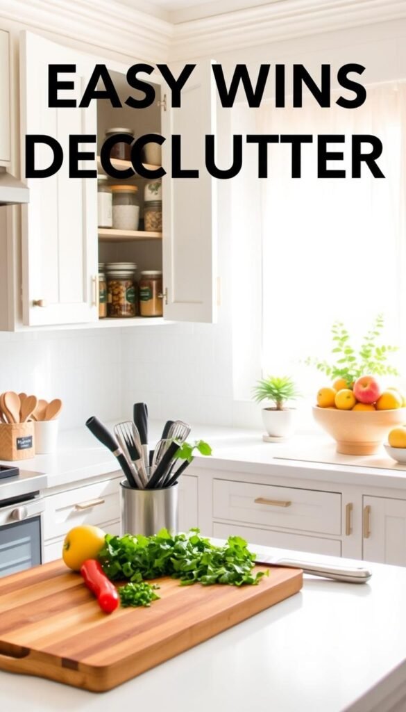 A bright, inviting kitchen scene featuring a decluttered countertop with neatly arranged kitchen tools and a vibrant fruit bowl. In the foreground, a wooden cutting board displays freshly chopped herbs and vegetables, emphasizing organization. In the middle ground, open cabinets reveal clearly labeled jars of pantry items and stacked dishware, all in soft pastel colors, promoting a calming atmosphere. The background includes a window with sheer curtains allowing soft, natural light to illuminate the space, highlighting the cleanliness and airiness of the kitchen. A subtle hint of greenery from a small potted plant adds a touch of warmth. The overall mood is serene and orderly, inspiring viewers with attainable easy wins for kitchen decluttering. A bright, inviting kitchen scene featuring a decluttered countertop with neatly arranged kitchen tools and a vibrant fruit bowl. In the foreground, a wooden cutting board displays freshly chopped herbs and vegetables, emphasizing organization. In the middle ground, open cabinets reveal clearly labeled jars of pantry items and stacked dishware, all in soft pastel colors, promoting a calming atmosphere. The background includes a window with sheer curtains allowing soft, natural light to illuminate the space, highlighting the cleanliness and airiness of the kitchen. A subtle hint of greenery from a small potted plant adds a touch of warmth. The overall mood is serene and orderly, inspiring viewers with attainable easy wins for kitchen decluttering.