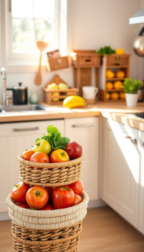 A bright, inviting kitchen scene featuring an array of stackable baskets made from natural woven materials, filled with colorful fresh fruits and vegetables. In the foreground, focus on a tiered stack of these baskets, showcasing vibrant apples, ripe tomatoes, leafy greens, and bananas, beautifully arranged. The middle section includes a clean countertop with a light wooden finish, adorned with kitchen utensils and a small potted herb. The background reveals soft, warm daylight streaming through a window, casting gentle shadows, enhancing the cozy, organized feel of the kitchen. Use a slightly elevated angle to capture depth and dimension, ensuring a welcoming and functional atmosphere suitable for small kitchen storage solutions.