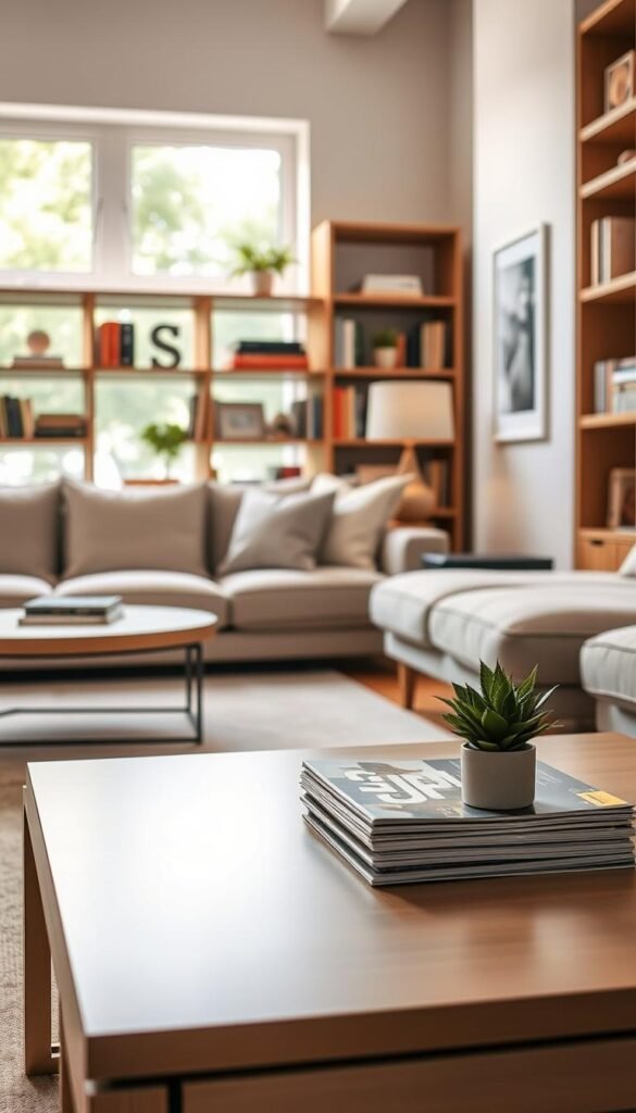 A bright, inviting room designed for a quick reset, featuring a tidy living space with neat, minimal furniture. In the foreground, a stylish coffee table displays a few neatly stacked magazines and a small potted plant. In the middle, a cozy sofa with plush cushions invites relaxation, while an organized bookshelf showcases colorful books and elegant decor items. The background captures a large window letting in soft, natural light, revealing a view of greenery outside, enhancing the room's freshness. The overall mood is calm and serene, embodying a sense of orderliness and simplicity. The lighting is warm and diffused, creating a welcoming atmosphere. The scene is framed from a slightly elevated angle to showcase the entire room effectively. A bright, inviting room designed for a quick reset, featuring a tidy living space with neat, minimal furniture. In the foreground, a stylish coffee table displays a few neatly stacked magazines and a small potted plant. In the middle, a cozy sofa with plush cushions invites relaxation, while an organized bookshelf showcases colorful books and elegant decor items. The background captures a large window letting in soft, natural light, revealing a view of greenery outside, enhancing the room's freshness. The overall mood is calm and serene, embodying a sense of orderliness and simplicity. The lighting is warm and diffused, creating a welcoming atmosphere. The scene is framed from a slightly elevated angle to showcase the entire room effectively.