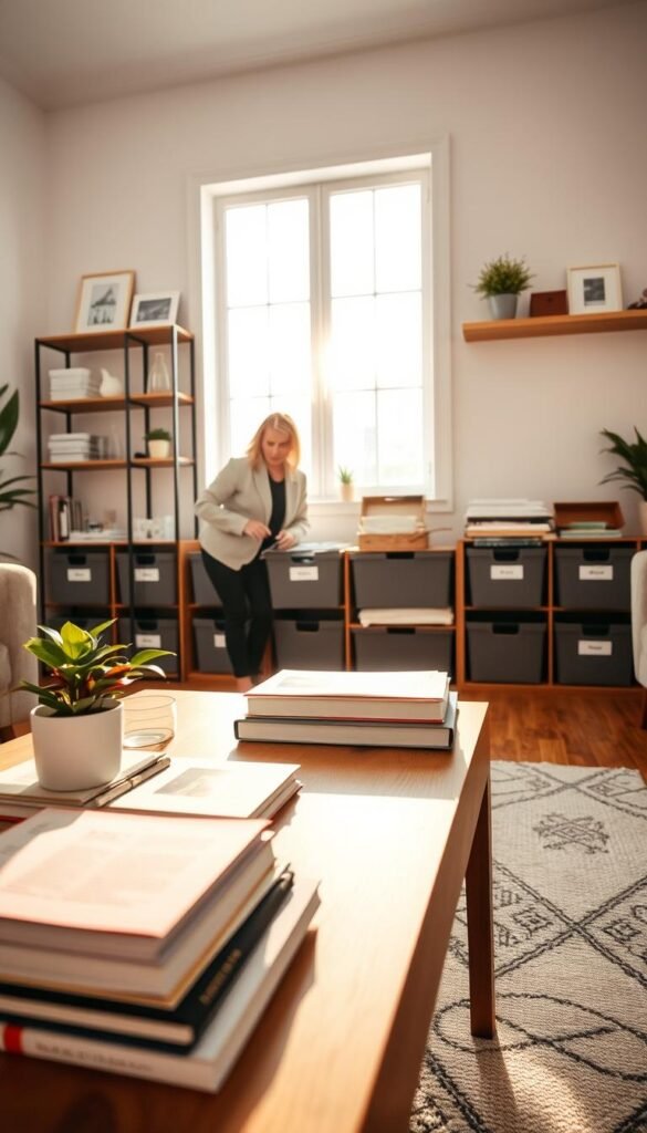 A bright, inviting room showcasing the home zone decluttering method. In the foreground, a well-organized coffee table with neatly stacked books and a small plant, conveying a sense of calm. The middle showcases a decluttering expert, a woman in professional attire, actively sorting items into labeled bins, radiating focus and determination. In the background, shelves display a minimalist approach with a few decorative, curated items and a serene window with natural light flooding in. The warm lighting creates a cozy atmosphere, ideal for promoting productivity and organization. Capture this moment at eye level, emphasizing the transformation of the space while highlighting the methodical approach of decluttering, illustrating a harmonious home environment.