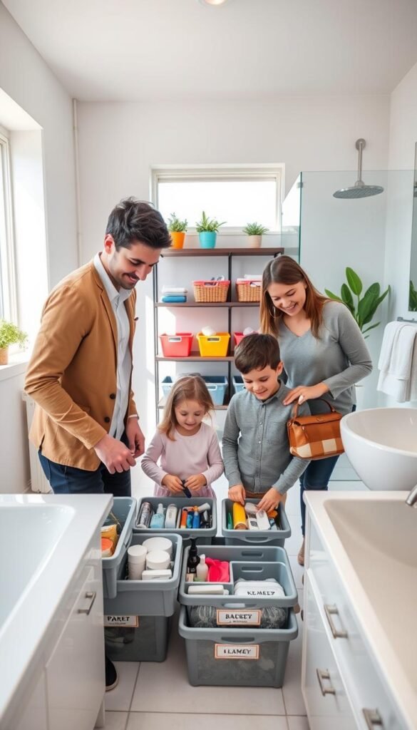 A bright, modern bathroom scene showcasing family-friendly habits for clutter reduction. In the foreground, a friendly family of four—two adults in smart casual attire and two children in modest outfits—are happily organizing bathroom items into labeled bins. The adults are demonstrating teamwork by sorting toiletries, while the children are playfully placing items in a drawer. In the middle, a stylish, open bathroom layout features neatly arranged shelves, colorful storage baskets, and plants for a fresh look. The background reveals soft, natural light streaming in through a window, adding a warm, inviting atmosphere. The overall mood is cheerful and organized, highlighting practical tidiness that the entire family can enjoy.