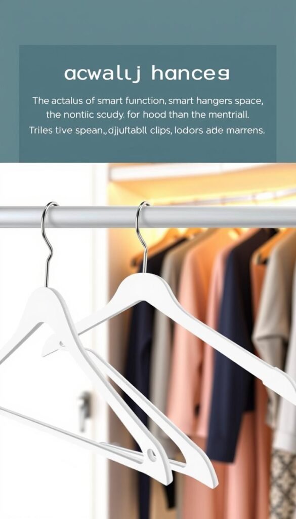 A bright, modern closet scene featuring innovative smart hangers designed to maximize space. In the foreground, display a variety of sleek, multifunctional smart hangers made of lightweight, durable materials, showcasing features like adjustable clips and graceful curves. In the middle, a clean rod supports these hangers, suspended elegantly in a spacious, organized closet. The background should include soft, blurred clothing options like blazers and dresses, neatly arranged. The lighting is bright and inviting, with a warm glow that creates a sense of comfort and efficiency. The image should evoke a clean, minimalistic aesthetic, emphasizing organization and innovative design, perfect for beginners seeking closet solutions.