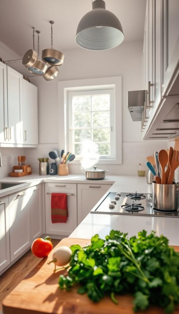A bright, modern kitchen featuring sleek white cabinets, a sparkling countertop, and organized kitchen utensils. In the foreground, a cutting board with fresh vegetables and herbs, ready to be chopped, evokes a sense of preparation. The middle ground showcases an immaculate stove with pot racks above and a steamy pot simmering, demonstrating the “clean-as-you-go” philosophy. The background includes a window with sunlight streaming in, highlighting the cleanliness and openness of the space. Soft shadows cast by a pendant light above add warmth to the inviting atmosphere. The scene is captured from a slightly elevated angle, giving a comprehensive view of the tidy kitchen environment, emphasizing efficiency and clarity.