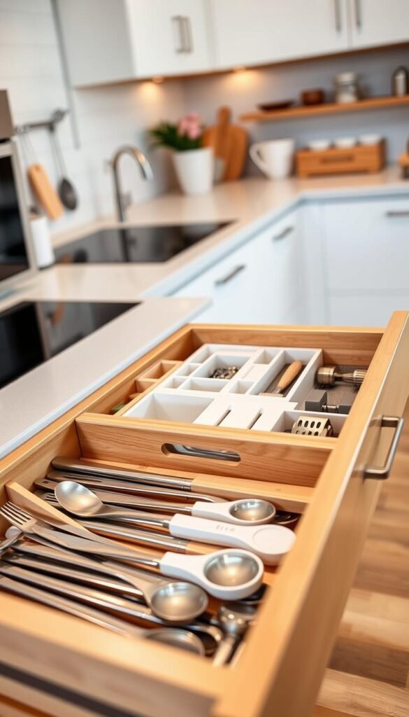 A bright, modern kitchen with an open drawer showcasing an array of stylish drawer organizers and dividers made from natural wood and sturdy plastic. In the foreground, focus on the neatly arranged utensils, such as cutlery, measuring spoons, and kitchen gadgets, all clearly defined. The middle section of the drawer presents an innovative design featuring adjustable dividers and compartments, highlighting efficient use of space. The background captures the cozy kitchen atmosphere with warm lighting, emphasizing the organized and minimalist look. A slight top-down angle enhances the view of the drawer and its contents, creating an inviting and functional mood that reflects smart kitchen organization for small spaces.