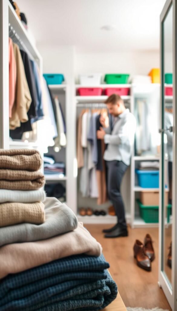 A bright, organized closet interior showcasing a daily closet routine. In the foreground, neatly folded sweaters are stacked on a wooden shelf, while a pair of polished shoes rests on a shoe rack. In the middle ground, an individual, dressed in smart casual attire, is actively sorting through hangers, carefully organizing a variety of clothing items including shirts, dresses, and pants. The background features a soft-focus of colorful storage bins and a full-length mirror reflecting the closet, creating depth. Natural light filters through the window, casting gentle shadows, and enhancing the serene atmosphere of productivity and clarity. The scene evokes a sense of calm and efficiency, inviting viewers to envision an organized life.